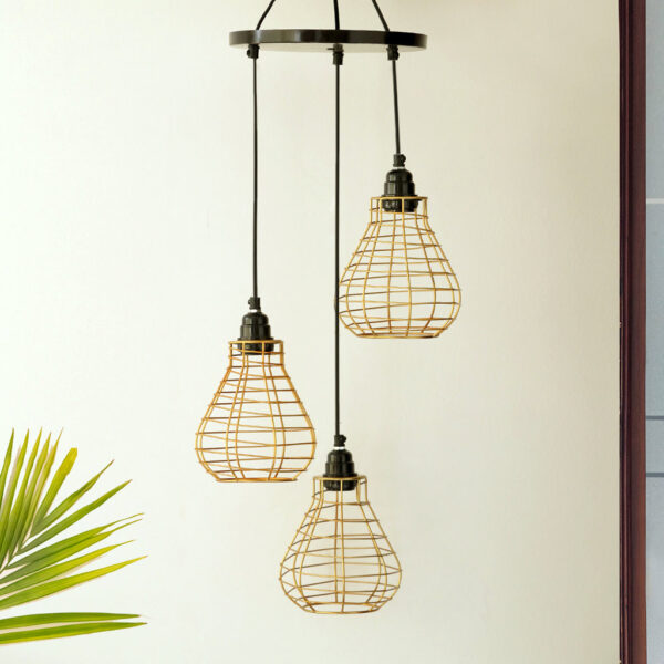 'Bird Nest' Handcrafted Chandelier With Hanging Lamp Shades In Iron (3 Shades, 74.9 cm, Golden) 'Bird Nest' Handcrafted Chandelier With Hanging Lamp Shades In Iron (3 Shades, 74.9 cm, Golden)