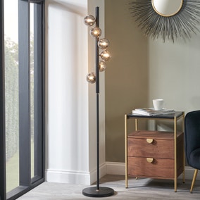 Blair Smoke Glass Ball and Black Metal Floor Lamp Blair Smoke Glass Ball and Black Metal Floor Lamp