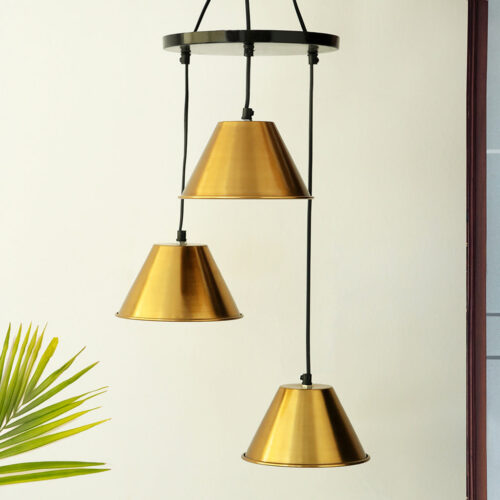 'Bucket Beams' Handcrafted Chandelier With Hanging Lamp Shades In Iron (3 Shades, 85.1 cm, Golden) 'Bucket Beams' Handcrafted Chandelier With Hanging Lamp Shades In Iron (3 Shades, 85.1 cm, Golden)