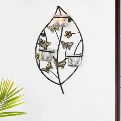 'Butterflies & Leaf' Handcrafted Wall Sconce Tea Light Holder In Iron & Glass (3 Votive Holders) 'Butterflies & Leaf' Handcrafted Wall Sconce Tea Light Holder In Iron & Glass (3 Votive Holders)