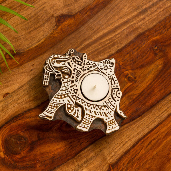 'Dazzling Elephant' Hand-Carved Block Tea-Light Holder In Sheesham Wood 'Dazzling Elephant' Hand-Carved Block Tea-Light Holder In Sheesham Wood