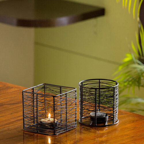 Glowing Mesh Duo Handwired Table Tea-Light Holders In Iron (Set of 2) Glowing Mesh Duo Handwired Table Tea-Light Holders In Iron (Set of 2)