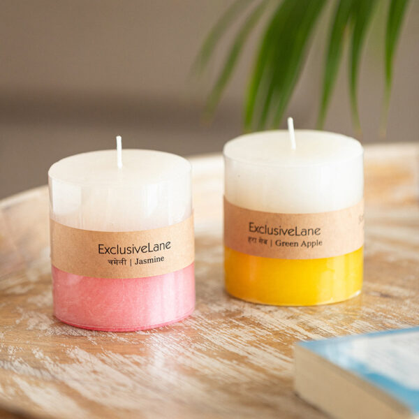 Green Apple & Jasmine' Handmade Wax Pillar Scented Candles (Set of 2, 30 Hours Burn Time, Soy Blend, 320 grams Each) Green Apple & Jasmine' Handmade Wax Pillar Scented Candles (Set of 2, 30 Hours Burn Time, Soy Blend, 320 grams Each)