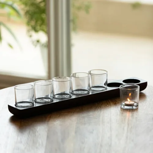 'Linear Flames' Tea Light Holder Centerpiece In Mango Wood & Glass (7 Votive Holders) 'Linear Flames' Tea Light Holder Centerpiece In Mango Wood & Glass (7 Votive Holders)