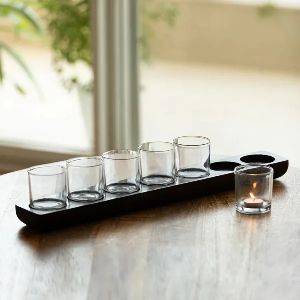 'Linear Flames' Tea Light Holder Centerpiece In Mango Wood & Glass (7 Votive Holders) 'Linear Flames' Tea Light Holder Centerpiece In Mango Wood & Glass (7 Votive Holders)