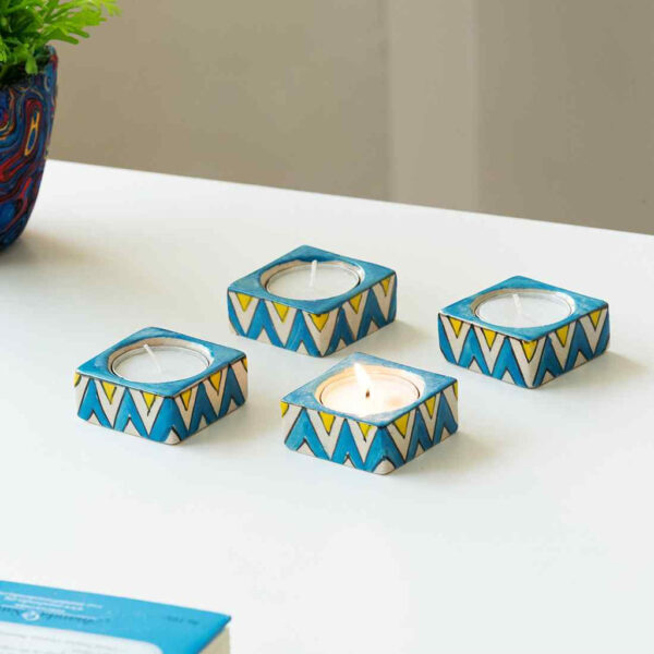 'Mughal Zig-Zag Jugnu' Hand-painted Tea Light Holder (Set of 4, Ceramic)