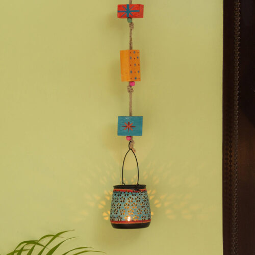 'Oasis Radiance' Hand-Painted Hanging Tea-Light Holder In Iron (Turquoise Blue) 'Oasis Radiance' Hand-Painted Hanging Tea-Light Holder In Iron (Turquoise Blue)
