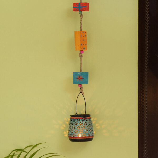 'Oasis Radiance' Hand-Painted Hanging Tea-Light Holder In Iron (Turquoise Blue) 'Oasis Radiance' Hand-Painted Hanging Tea-Light Holder In Iron (Turquoise Blue)