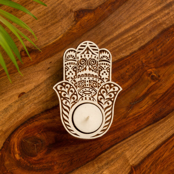 'Radiant Palm' Hand-Carved Block Tea-Light Holder In Sheesham Wood 'Radiant Palm' Hand-Carved Block Tea-Light Holder In Sheesham Wood
