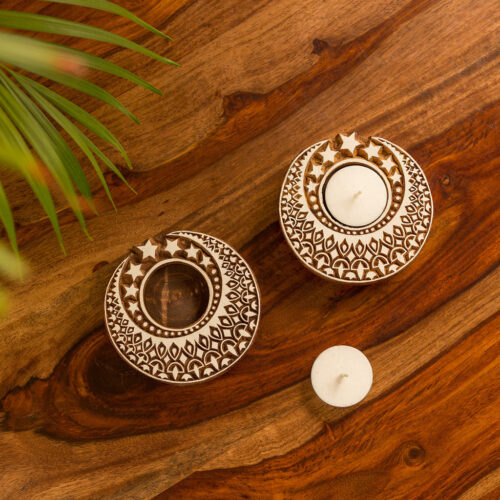 'Shimmering Moon' Hand-Carved Blocks Tea-Light Holders In Sheesham Wood (Set of 2) 'Shimmering Moon' Hand-Carved Blocks Tea-Light Holders In Sheesham Wood (Set of 2)