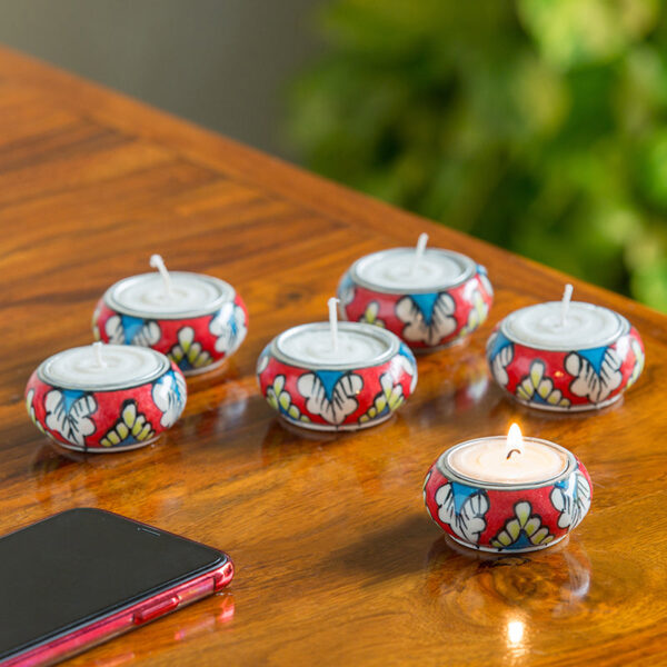 'Shimmering Mughals' Floral Hand-painted Tea-Light Holders In Ceramic (Set of 6) 'Shimmering Mughals' Floral Hand-painted Tea-Light Holders In Ceramic (Set of 6)