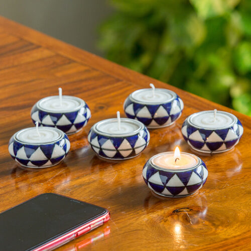 'Shimmering Mughals' Geometric Hand-painted Tea-Light Holders In Ceramic (Set of 6) 'Shimmering Mughals' Geometric Hand-painted Tea-Light Holders In Ceramic (Set of 6)