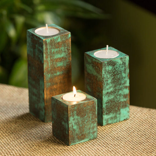 'Teal Blocks' Antique Finish Tea Light Holders In Mango Wood (Set of 3) 'Teal Blocks' Antique Finish Tea Light Holders In Mango Wood (Set of 3)