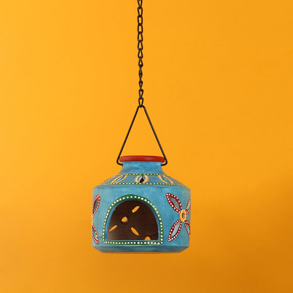 'The Glowing Matki' Terracotta Hanging Tea-Light Holder In Azure Blue 'The Glowing Matki' Terracotta Hanging Tea-Light Holder In Azure Blue